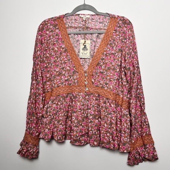 Easel Floral Lace Peasant Bohemian Spring Loose Blouse NEW M - Picture 1 of 14